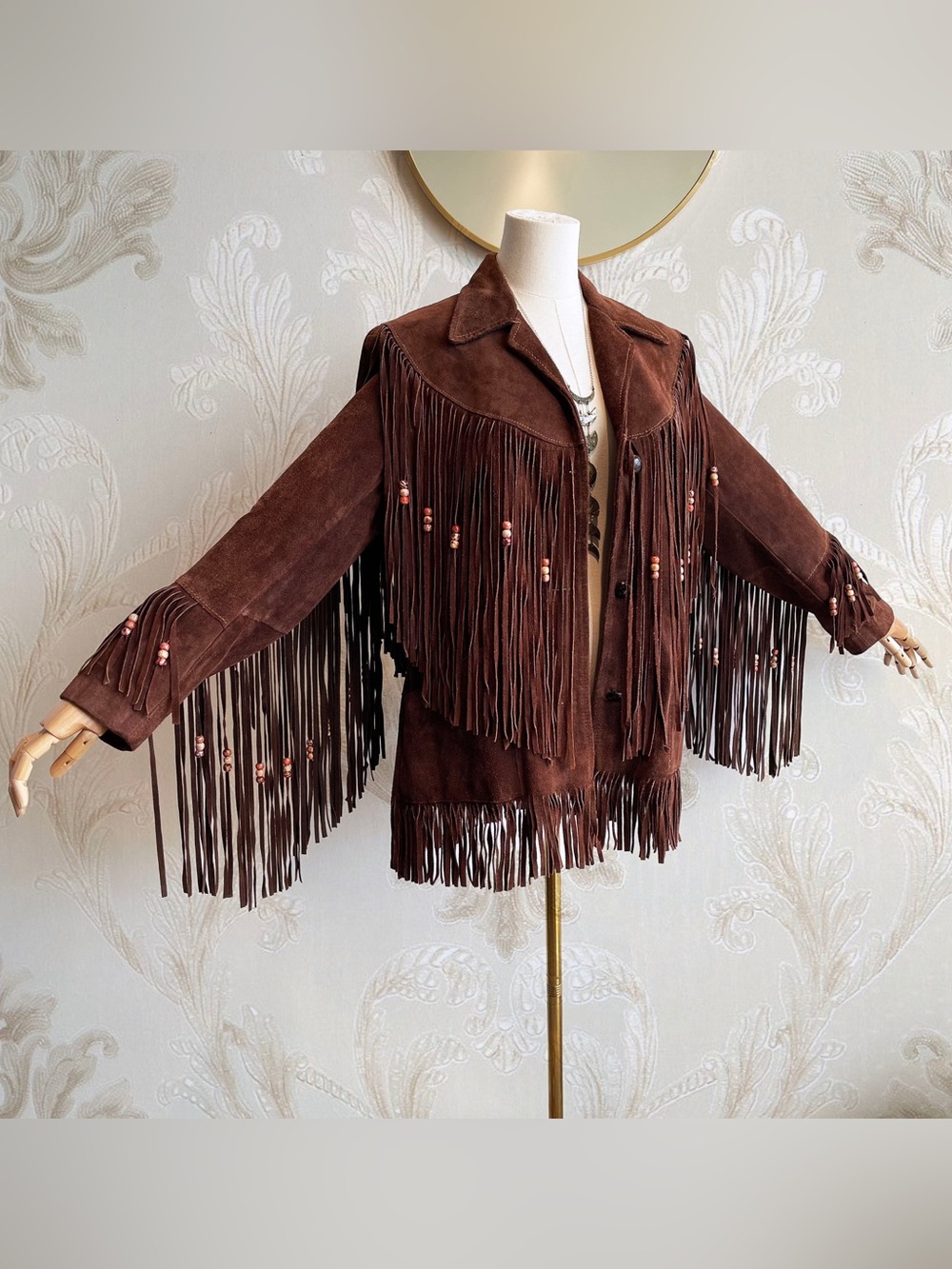 Vintage Western Beaded Long Fringed Suede Jacket - Brown - Picture 2 of 4